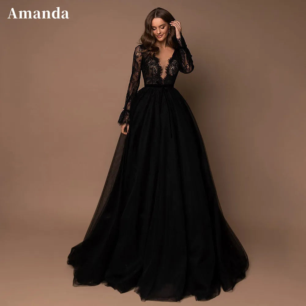 Amanda Gothic Black Long Sleeve Prom Dress Sexy Lace A-line Party Dress Shiny Ball Gown Evening Dress V-neck Christmas Dress
