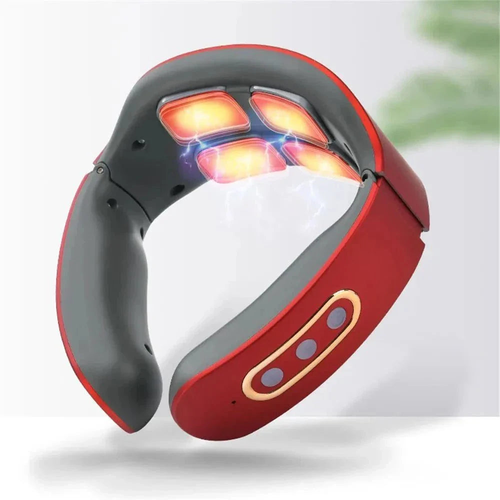 Red electric neck massager with four infrared heated massage heads and adjustable EMS pulse modes for cervical pain relief.