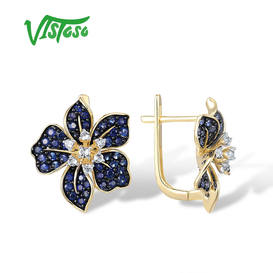 Gold Earrings For Women - Created Sapphire White Topaz Blue Lily Flower Fine Jewelry