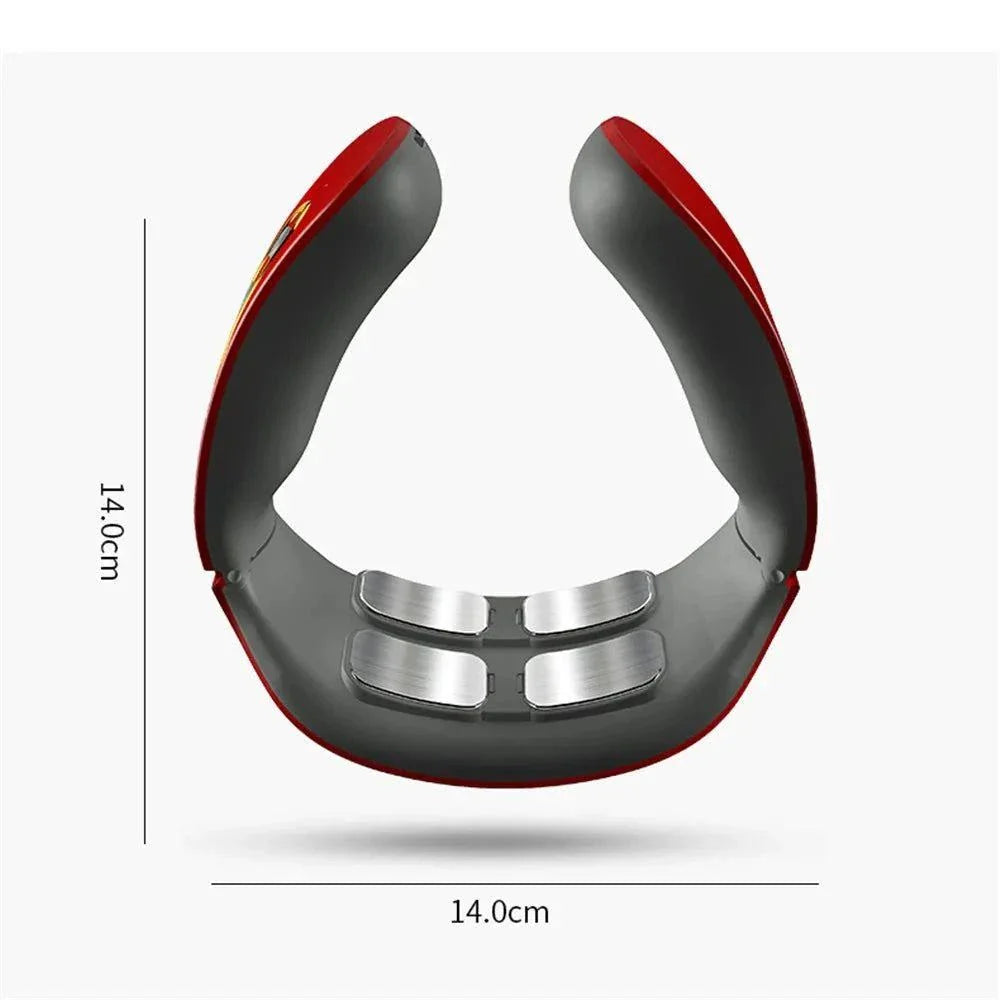 Electric neck massager with 4 EMS pulse heads and infrared heat, designed for cervical pain relief and relaxation, measuring 14cm by 14cm.