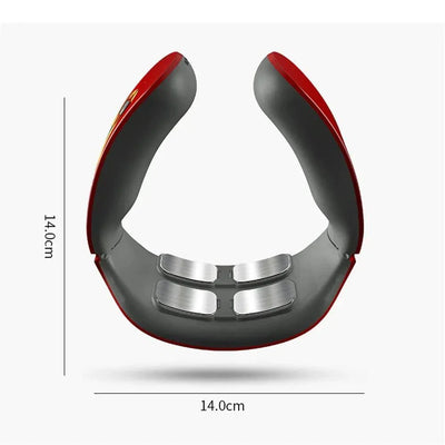 Electric neck massager with 4 EMS pulse heads and infrared heat, designed for cervical pain relief and relaxation, measuring 14cm by 14cm.
