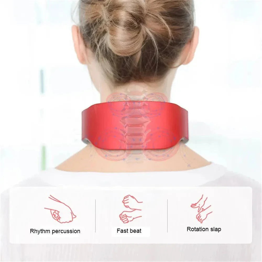 Red electric neck massager with 4 massage heads providing EMS pulse and infrared heat for cervical pain relief and relaxation.