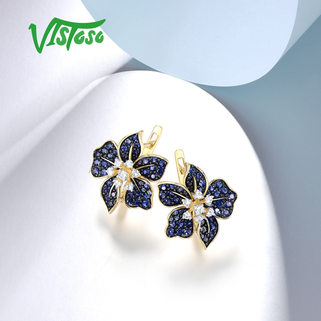 Gold Earrings For Women - Created Sapphire White Topaz Blue Lily Flower Fine Jewelry