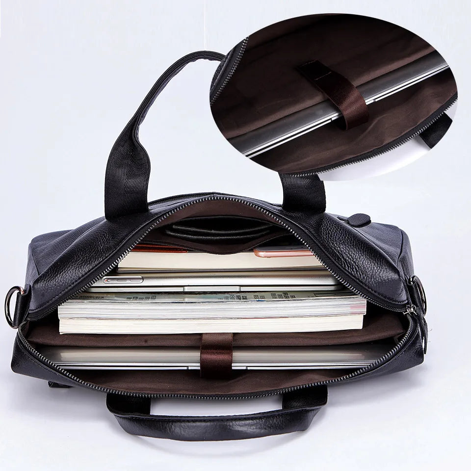 Black Men Genuine Leather Handbags Large Leather 14" Laptop Messenger Bags Business Men's Travel Bags Shoulder Bags Briefcase