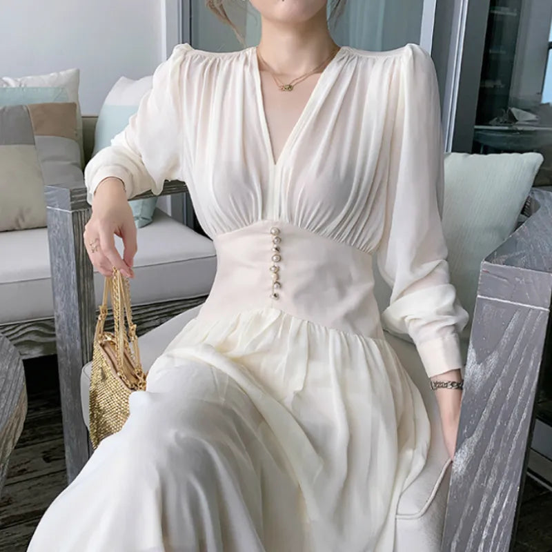 Elegant Dress Women Solid Long Sleeve Fairy Party Dress Office Lady Sexy V-Neck Loose Midi Dress 2021 Spring Clothing Female