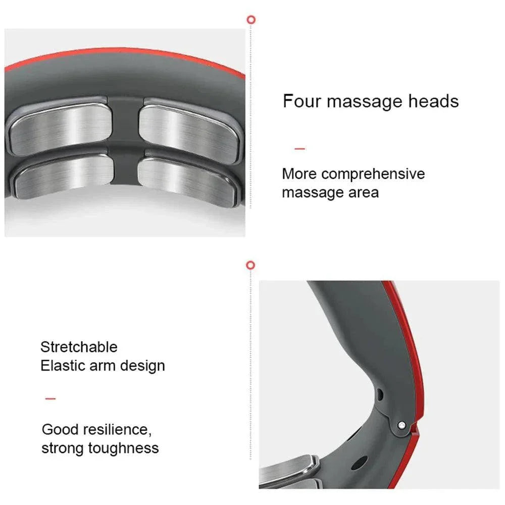 Electric neck massager with four massage heads, stretchable elastic arm design, and red and gray color scheme for cervical pain relief and relaxation.