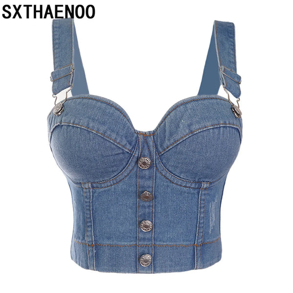 SXTHAENOO Fashion Sexy Denim Jeans Women Button Bustier