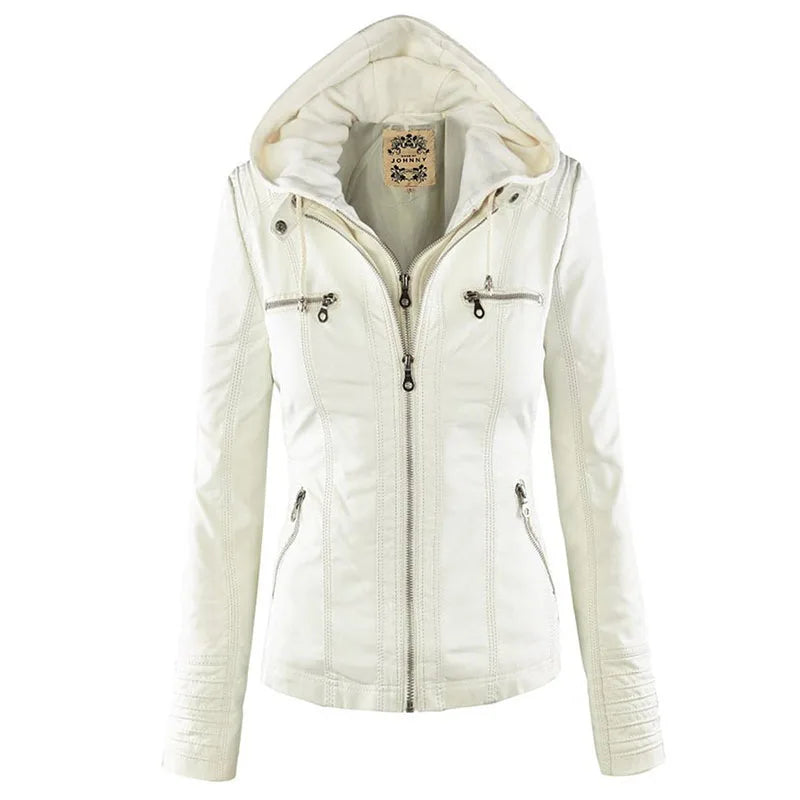 Faux Leather Jacket Women Khaki Winter Motorcycle Jacket