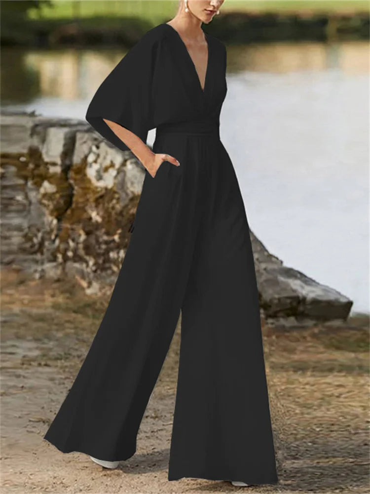 Simple Women's Sexy Bat Sleeve Dress Classic Jumpsuit Deep V-neck Dress 2023 Women's Chiffon Beach Wide Leg Pants Set for Female