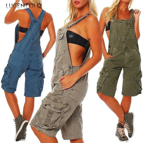 Denim Rompers  Big Pocket Casual Sleeveless Female