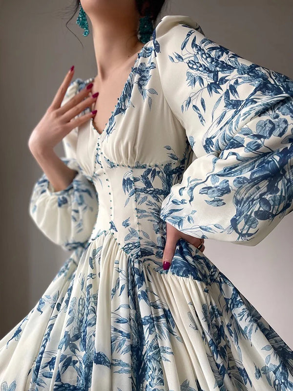 Elegant Lantern Sleeve Chic Blue White Porcelain Print Dress