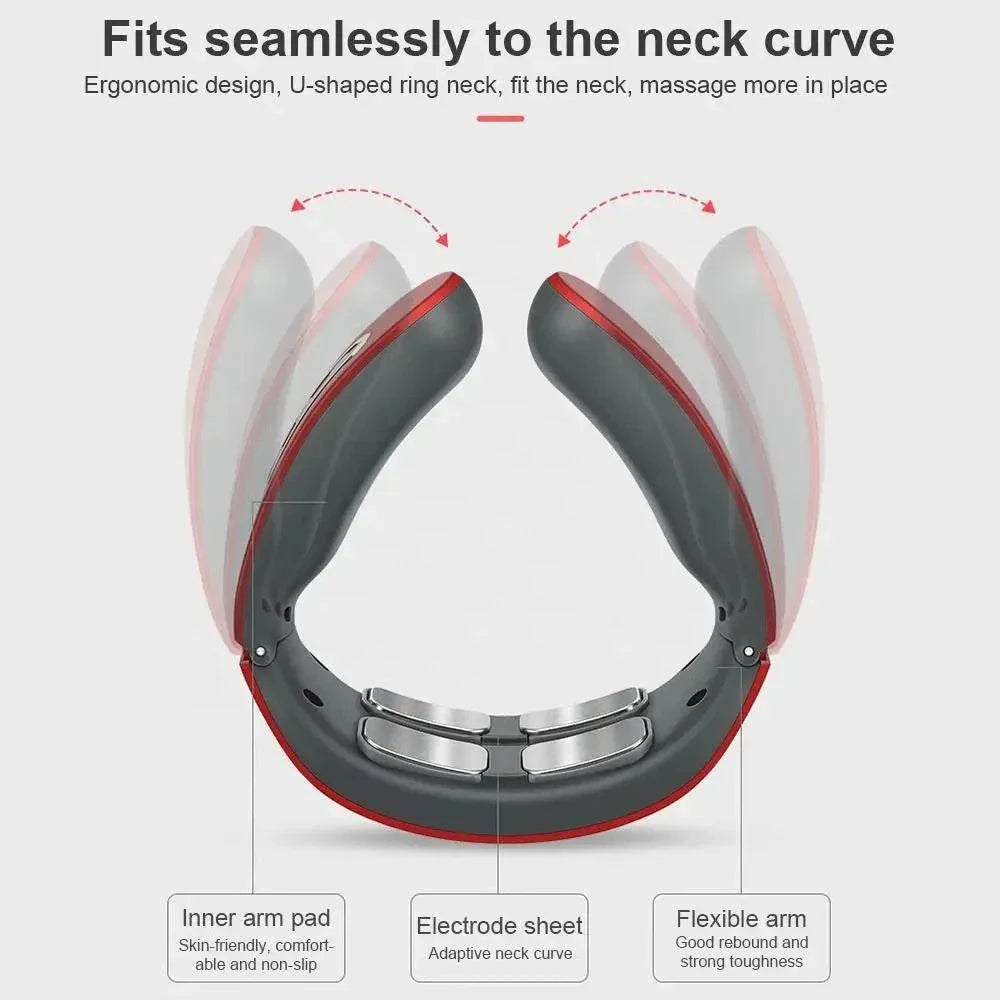 Ergonomic U-shaped neck massager with flexible arms, electrode sheets, and inner arm pads for comfortable, non-slip fit and neck curve adaptation.