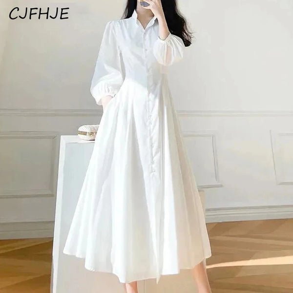 White Elegant High Waist Shirt Dress