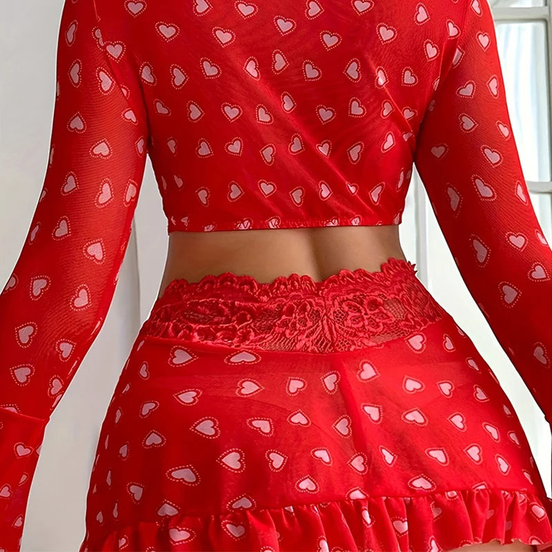 Toucheart 3 Piece Set See-through Sexy Lingerie For Women Red Love Bra Mesh Patchwork Ruched Lace Up Skirt Thong Sexy Suit New