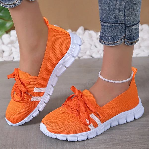 Mesh Knitted & Striped Flats Shoes  Lace Up Casual Sneakers Woman