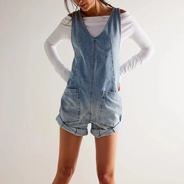 Women's Casual Pocket Design Adjustable Straps Sleeveless Denim Short Jumpsuit