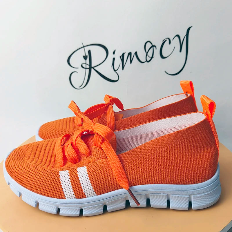 Mesh Knitted & Striped Flats Shoes  Lace Up Casual Sneakers Woman