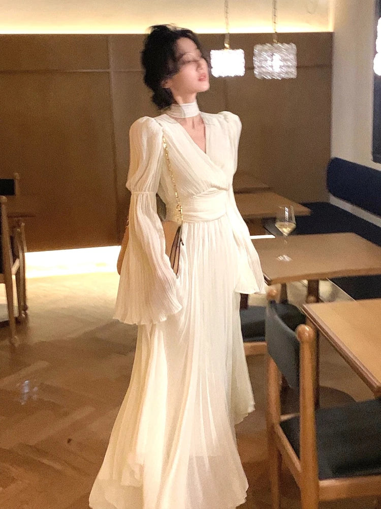 2023 Spring Elegant V-Neck Midi Dress Office Lady Long Sleeve Casual One Piece Dress Korean French Vintage Chiffon Dress Women