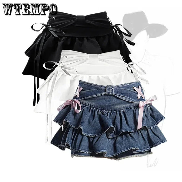 Denim Pleated Skirt Bow Fold Design