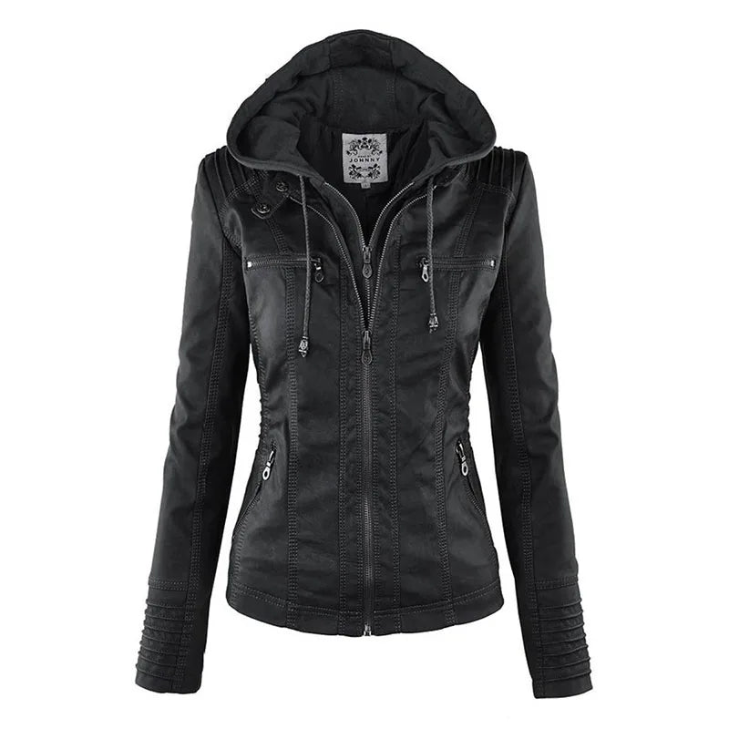 Faux Leather Jacket Women Khaki Winter Motorcycle Jacket