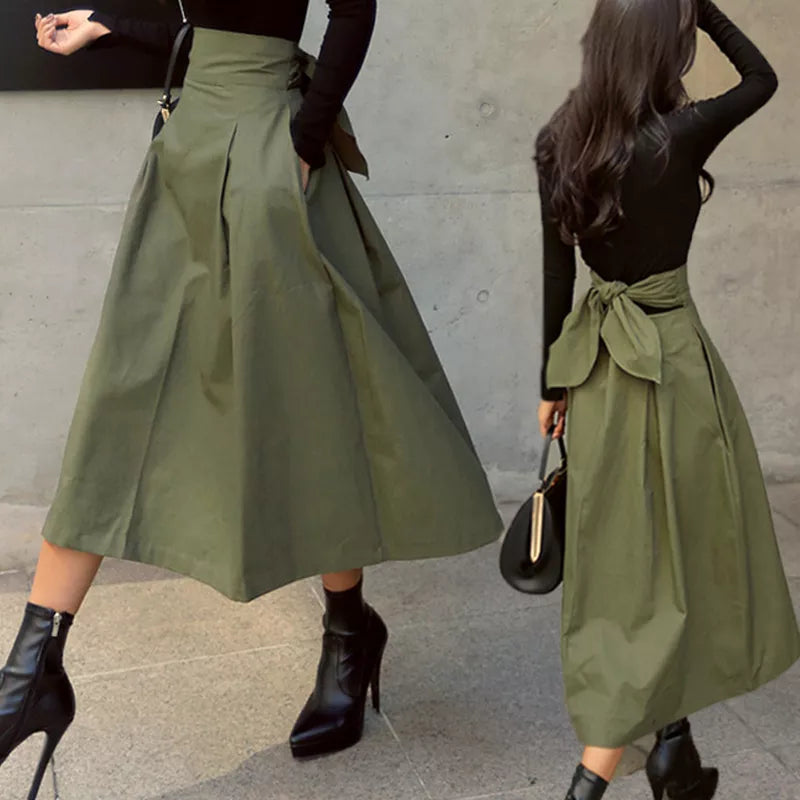 Skirts Womens Korean Fashion Solid Color Big Swing Ladies Skirt Long Skirt 2022 Autumn Wild High Waist Bow Slim Skirts