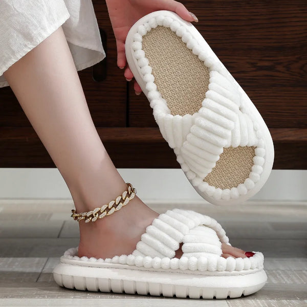 Home Slippers Open-Toe Cross Band Linen