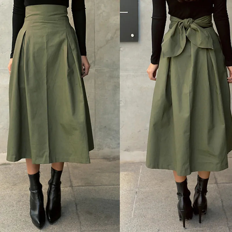 Skirts Womens Korean Fashion Solid Color Big Swing Ladies Skirt Long Skirt 2022 Autumn Wild High Waist Bow Slim Skirts