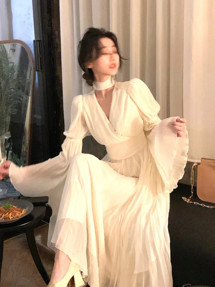 2023 Spring Elegant V-Neck Midi Dress Office Lady Long Sleeve Casual One Piece Dress Korean French Vintage Chiffon Dress Women