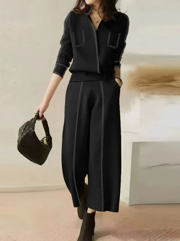 Women's Fashion Clothes Black Suit Stand Collar Cardigan Tops and Elastic