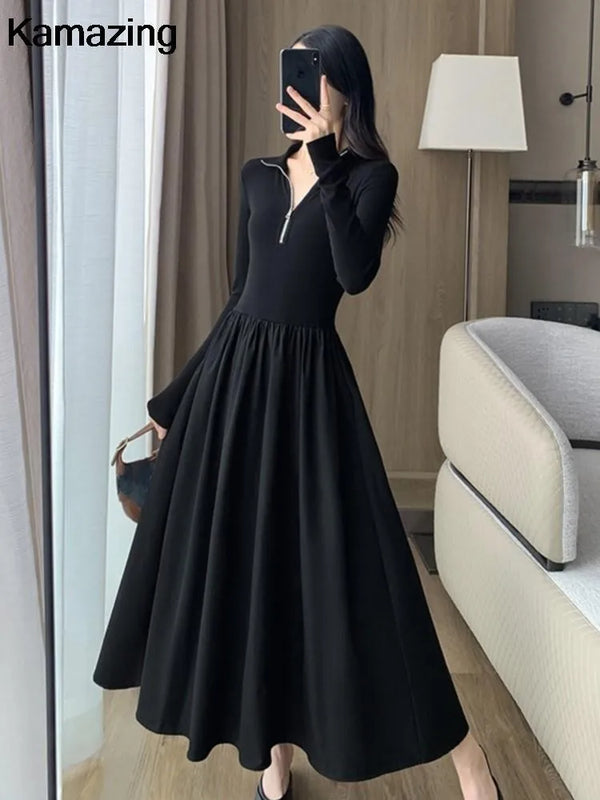 Elegant Vintage Long Sleeve Knitted Midi Dresses Women