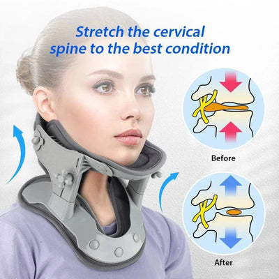 Woman wearing adjustable heating neck stretch collar cervical traction device for neck pain relief and spine support