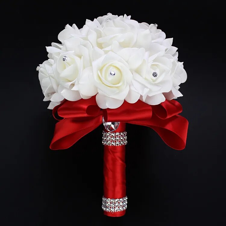 AYiCuthia Romantic Wedding Bouquet Bride Bridesmaid Wedding Decoration Foam Flowers Rose Bridal Bouquet White Satin Holding S30