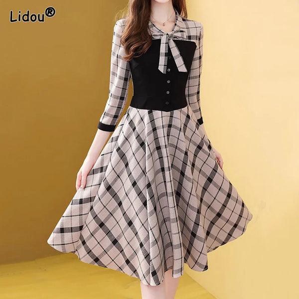 Slim Long Sleeved Dress Plaid Elegant Slender