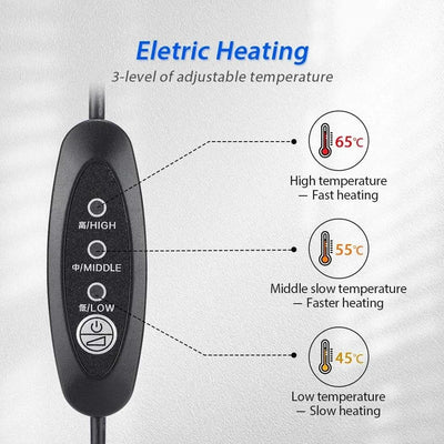 Heating Neck Stretch Collar with electric controller showing three adjustable temperature levels for neck pain relief and cervical traction therapy.