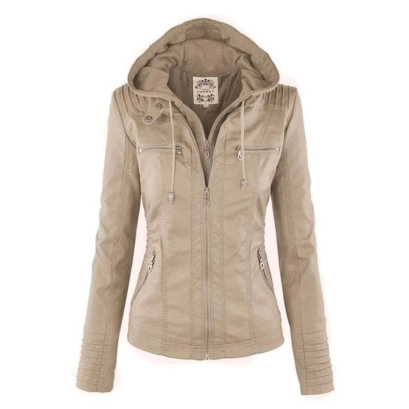Faux Leather Jacket Women Khaki Winter Motorcycle Jacket
