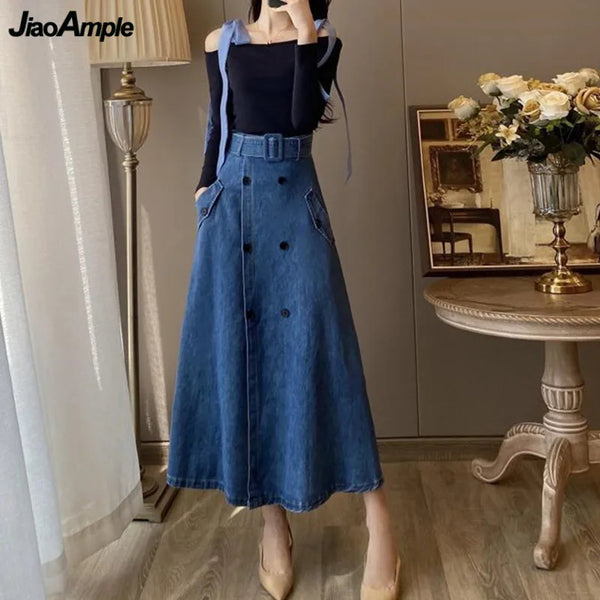 French Graceful Double Button Denim A-Line Skirts