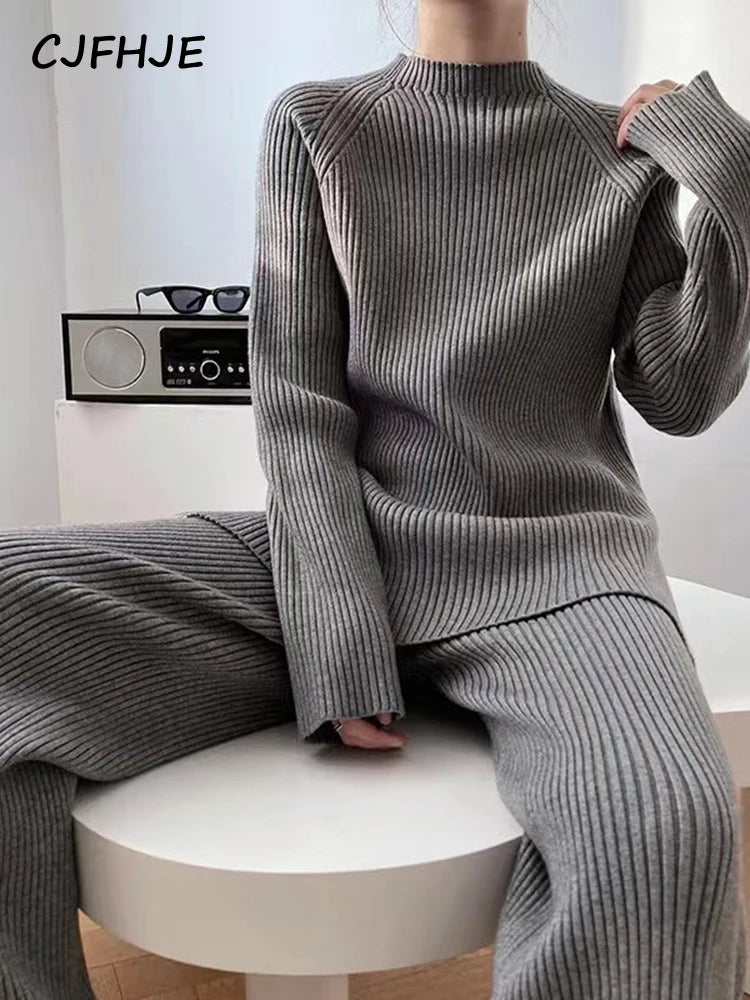 CJFHJE New Knitted Sweater Suit Women Elegant - Wide Leg Pants