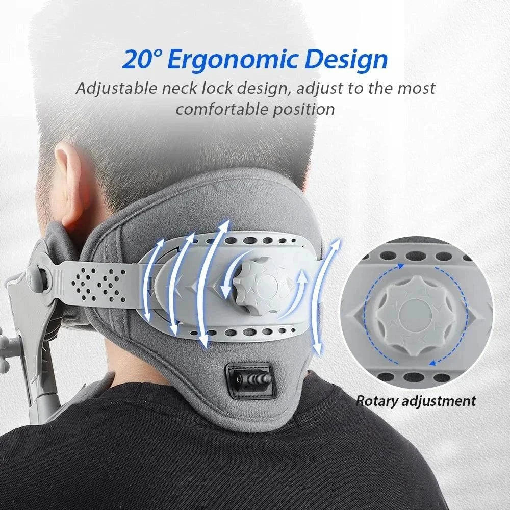 Heating neck stretch collar with ergonomic design and rotary adjustment for cervical traction and pain relief.