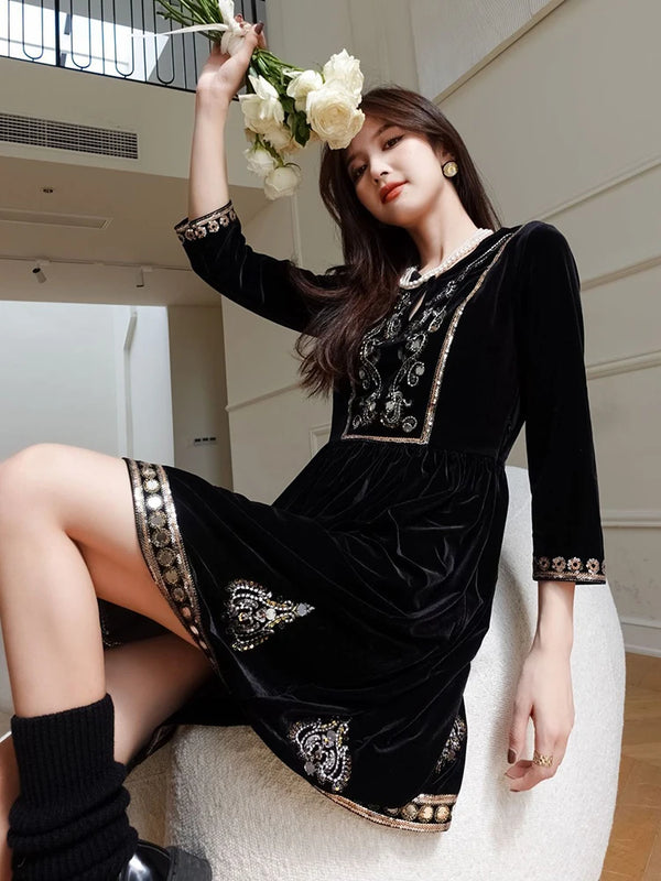 Elegant Black Mini Dress Vintage Beading Women Long Sleeve