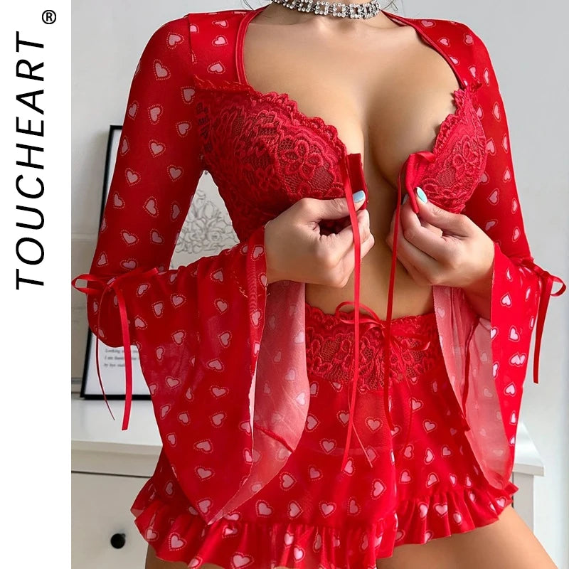 Toucheart 3 Piece Set See-through Sexy Lingerie For Women Red Love Bra Mesh Patchwork Ruched Lace Up Skirt Thong Sexy Suit New