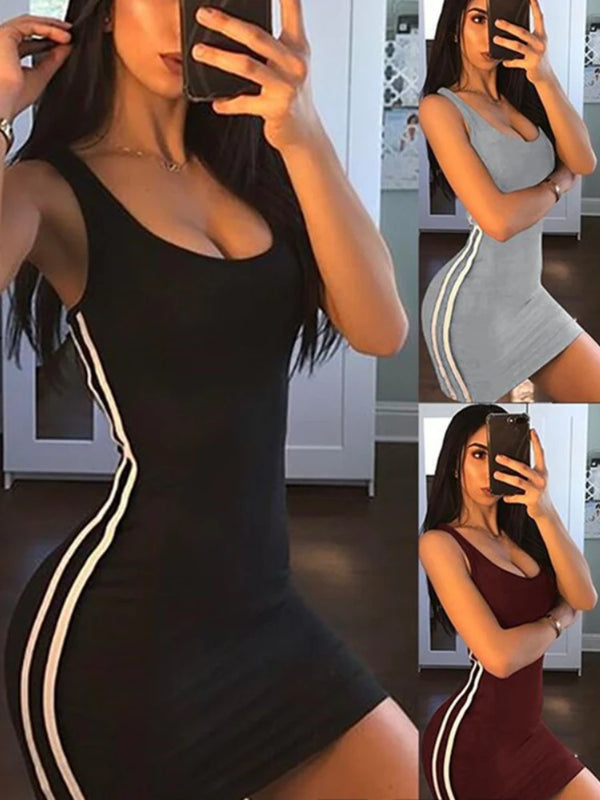 Sexy Wrap Deep U Neck Backless Striped Splicing Bodycon Dress Women