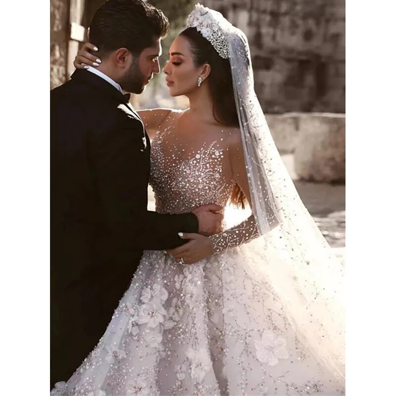 Sparkle Ball Wedding Dress Long Lace Sleeves Beading 3D Flowers Wedding Long Gown Lace Appliques Tulle Vestido De Novia encaje