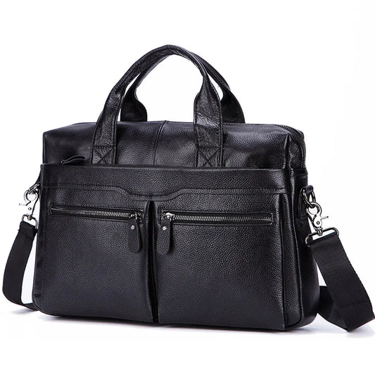 Black Men Genuine Leather Handbags Large Leather 14" Laptop Messenger Bags Business Men's Travel Bags Shoulder Bags Briefcase
