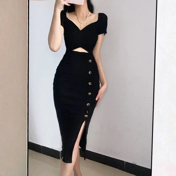 Gidyq Vintage Women Korean Dress Casual Sexy Hollow