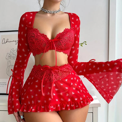 Toucheart 3 Piece Set See-through Sexy Lingerie For Women Red Love Bra Mesh Patchwork Ruched Lace Up Skirt Thong Sexy Suit New