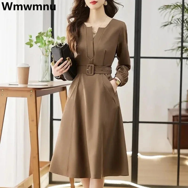 V-neck Office Elegant Midi Dress Long Sleeve