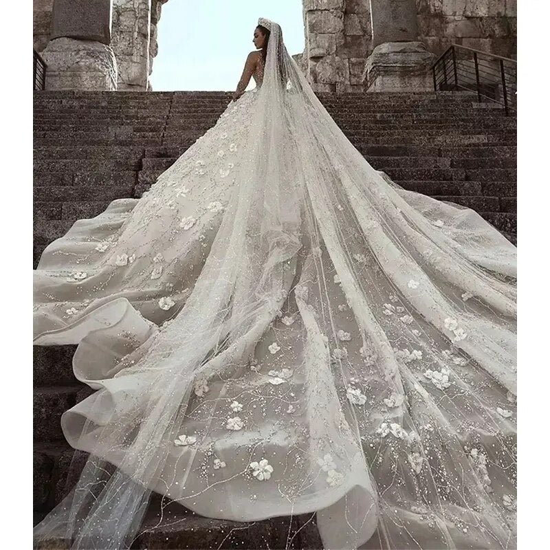 Sparkle Ball Wedding Dress Long Lace Sleeves Beading 3D Flowers Wedding Long Gown Lace Appliques Tulle Vestido De Novia encaje