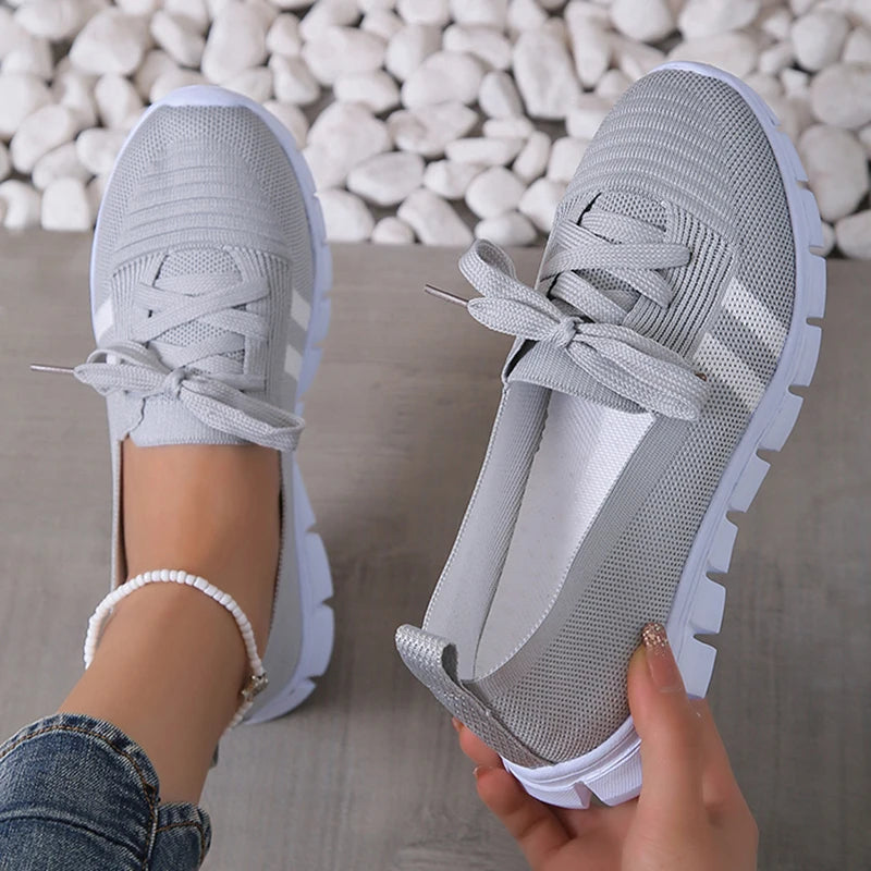 Mesh Knitted & Striped Flats Shoes  Lace Up Casual Sneakers Woman
