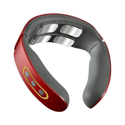 Red and gray electric neck massager with 4 massage heads, EMS pulse, infrared heat, and adjustable intensity levels for cervical pain relief and relaxation.