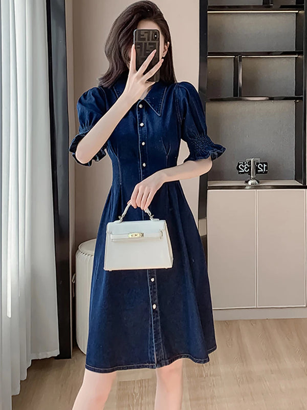 Blue Denim Chic Puff Sleeve Midi Dress Women